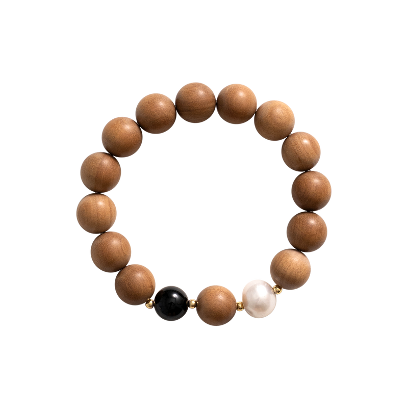 'ALEX' Indian Sandalwood, Black Onyx & Pearl Mala Bracelet