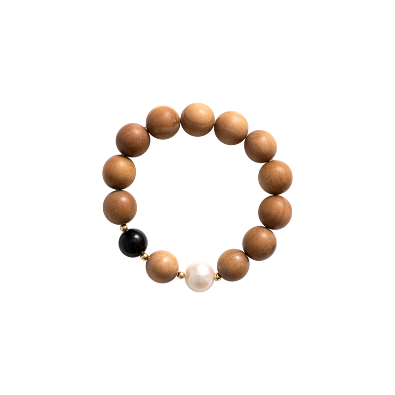 'ALEX' Indian Sandalwood, Black Onyx & Pearl Mala Bracelet