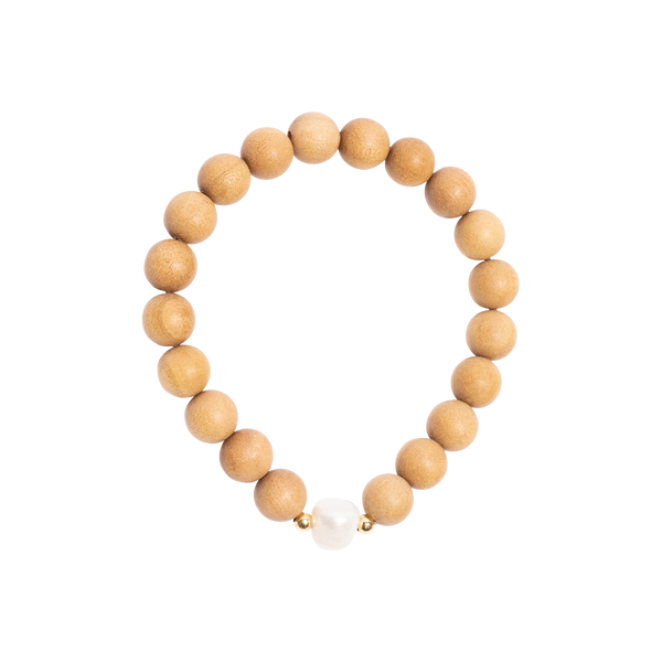 'EMILY' Indian Sandalwood Single Pearl Mala Bracelet - Gold