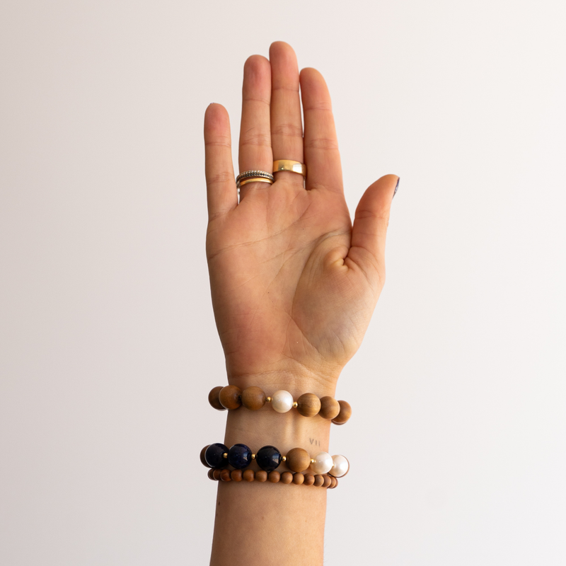 'JUNI'  Indian Sandalwood, Blue Sodalite & Pearl Mala Bracelet