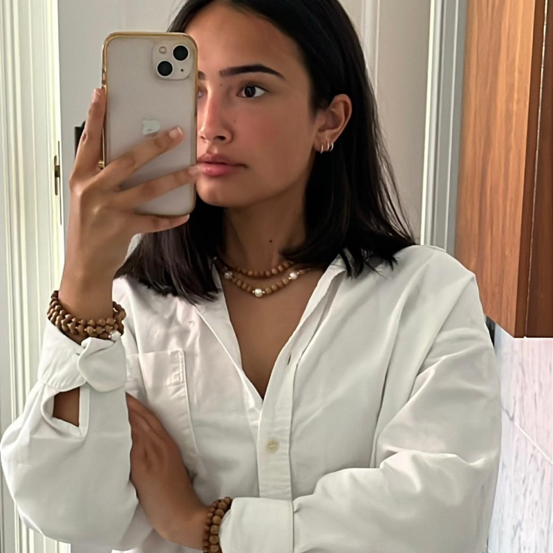 'SARAH' Indian Sandalwood Mala Necklace with 5 Fresh Water Pearls - Gold