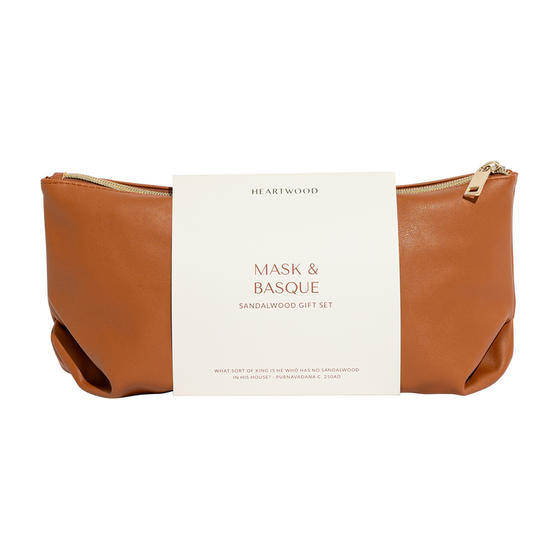 "Mask & Basque" Sandalwood Face Oil, Sheet Mask & Rose Quartz Beauty Tools Gift Set