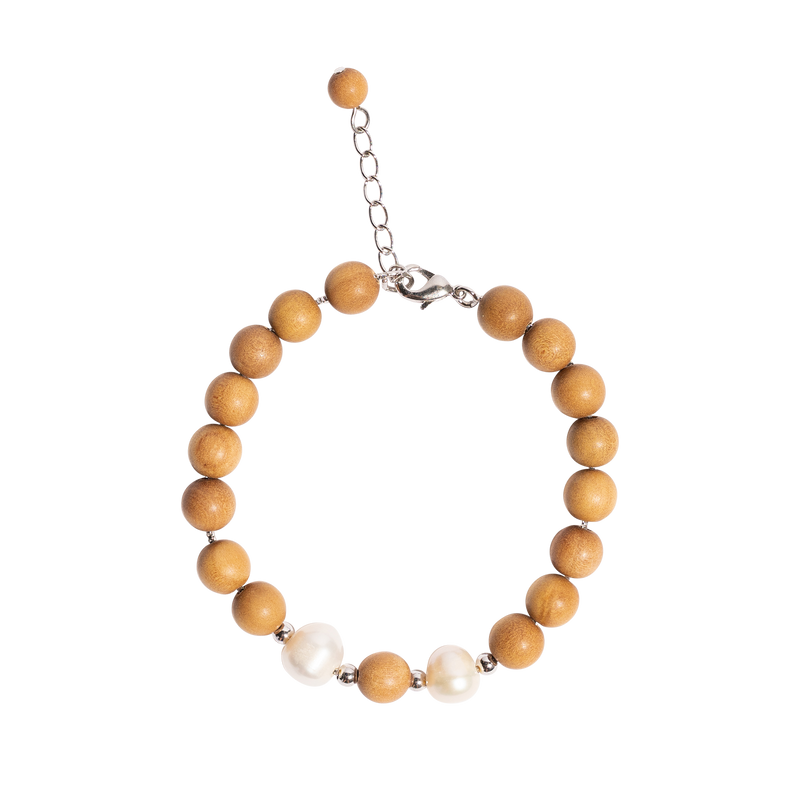 "ISABELLA - SILVER" Indian Sandalwood Mala Bracelet  with 2 Fresh Water Pearls