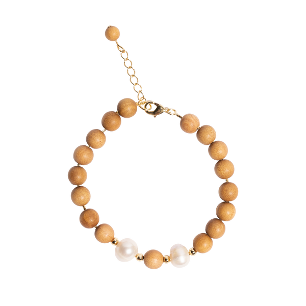 "ISABELLA - GOLD" Indian Sandalwood Mala Bracelet with 2 Fresh Water Pearls