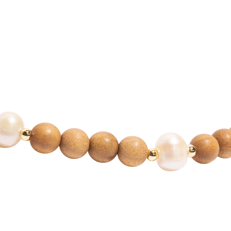 "SARAH - GOLD" Indian Sandalwood Mala Necklace with 5 Fresh Water Pearls