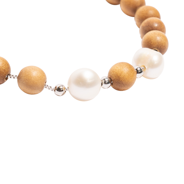 "ISABELLA - SILVER" Indian Sandalwood Mala Bracelet  with 2 Fresh Water Pearls